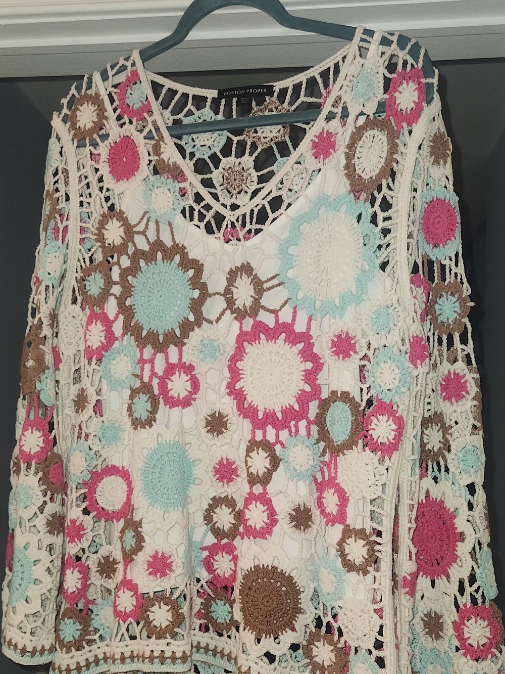 Boston Proper Cream Crochet Floral Overlay Top with Pink & Aqua Accents